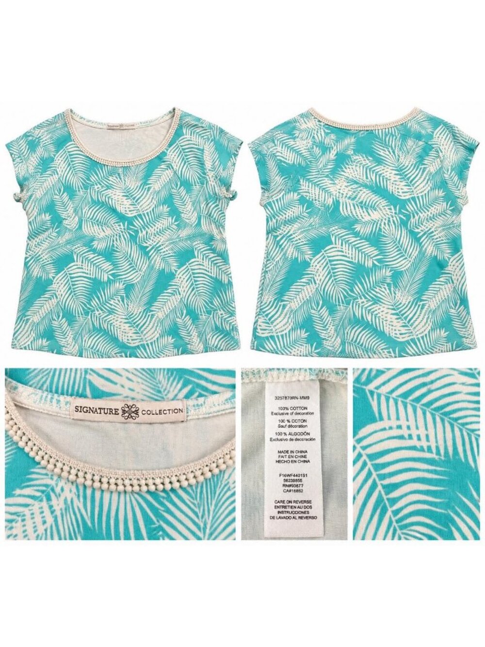 Signature Collection Turquoise Tropical Palm Leaf Print Short Sleeve Top